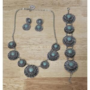 Vtg Crown Trifari Silver Tone, Marcasite, Turquise Necklace, Bracelet & Earings